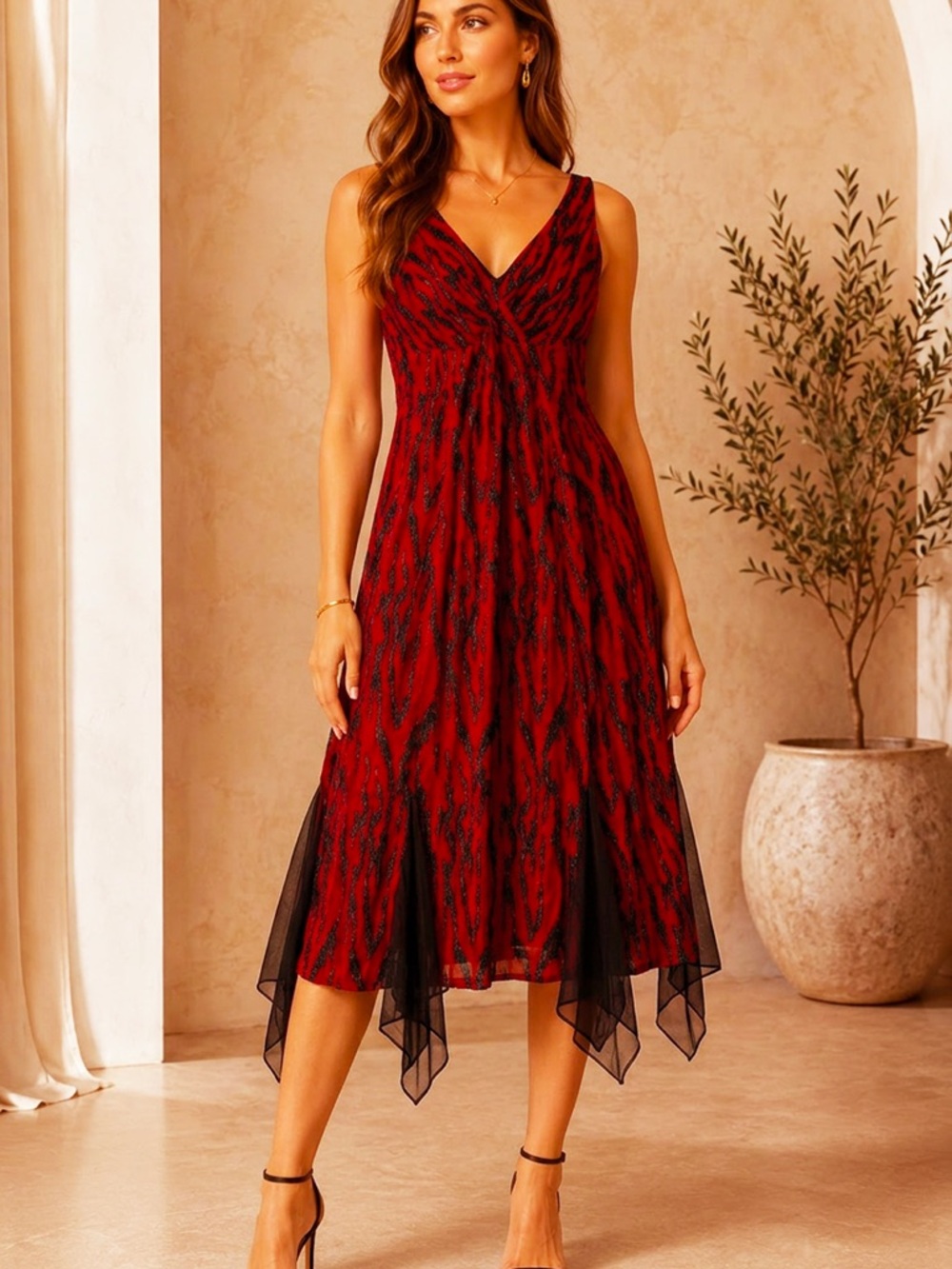 Vintage 90s Nicole Miller Red/Black party midi dress V neck size 0
